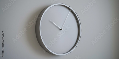 Modern clock telling time on empty wall photo