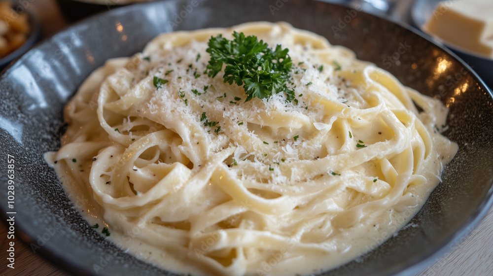 Close-up of a creamy fettuccine Alfredo pasta topped with grated Parmesan and parsley garnish in a dark ceramic bowl Close-up of a creamy fettuccine Alfredo pasta topped with grated Parmesan and parsley garnish in a dark ceramic bowl