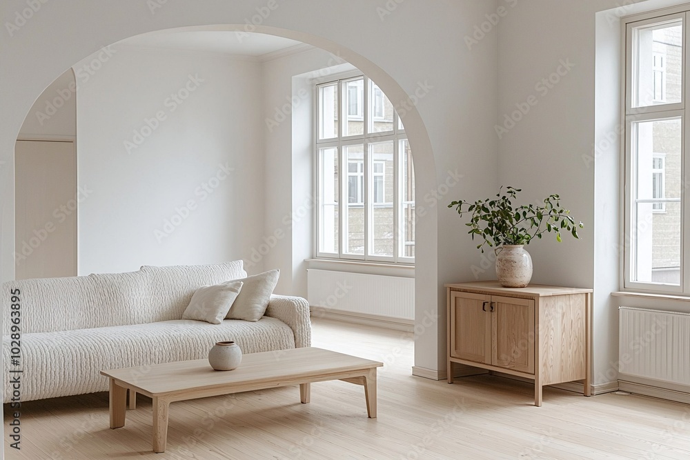 Fototapeta premium A modern Scandinavian interior in the living room with minimalist, arched walls and wood cabinets and sofas. Generative AI