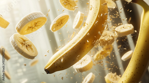 Flying banana and slices in midair with motion blur, depicting freshness, healthy eating, and dynamic energy photo