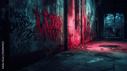 Dark alley with colorful graffiti, illuminated by neon lights in an abandoned industrial setting photo