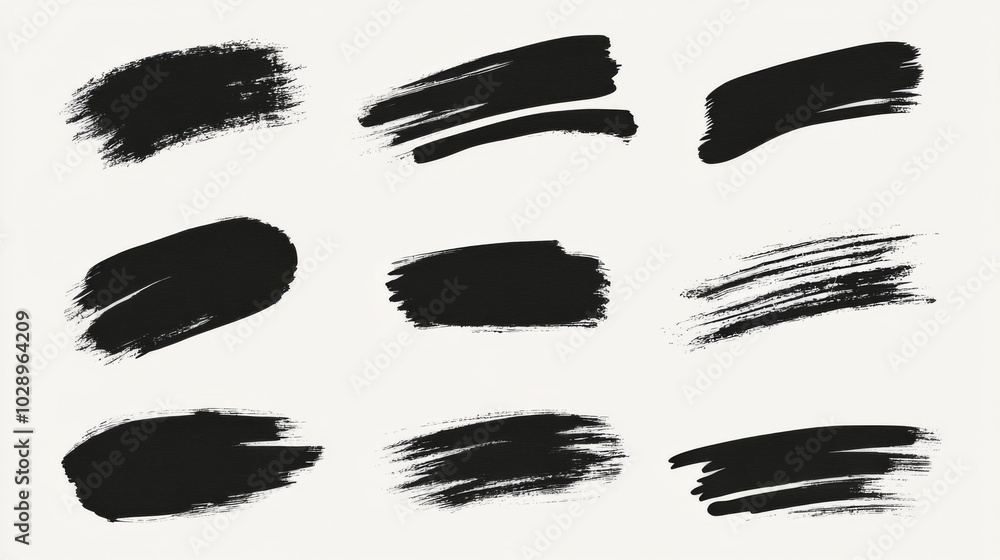 A set of black brush strokes on a white background. The brush strokes vary in size and shape, creating a sense of movement and energy. Scene is dynamic and expressive A set of black brush strokes on a white background. The brush strokes vary in size and shape, creating a sense of movement and energy. Scene is dynamic and expressive