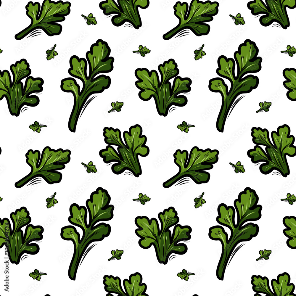 Seamless pattern featuring fresh green parsley leaves, beautifully arranged in a natural, botanical design. Ideal for use in packaging, fabric, kitchen decor, or organic product branding. Seamless pattern featuring fresh green parsley leaves, beautifully arranged in a natural, botanical design. Ideal for use in packaging, fabric, kitchen decor, or organic product branding.