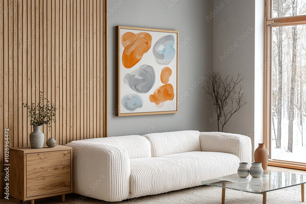 Fototapeta premium Minimalist, contemporary Scandinavian interiors in the living room with art frames hanging and sofas and wood cabinets. Generative AI 