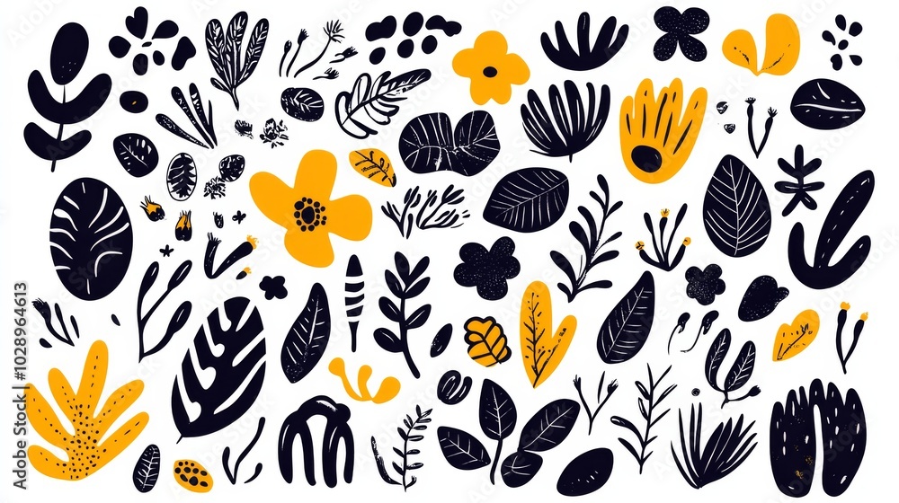 A collection of flowers and leaves in various sizes and shapes. The image is a mix of black and yellow, with some flowers and leaves in black and others in yellow. Scene is vibrant and lively A collection of flowers and leaves in various sizes and shapes. The image is a mix of black and yellow, with some flowers and leaves in black and others in yellow. Scene is vibrant and lively