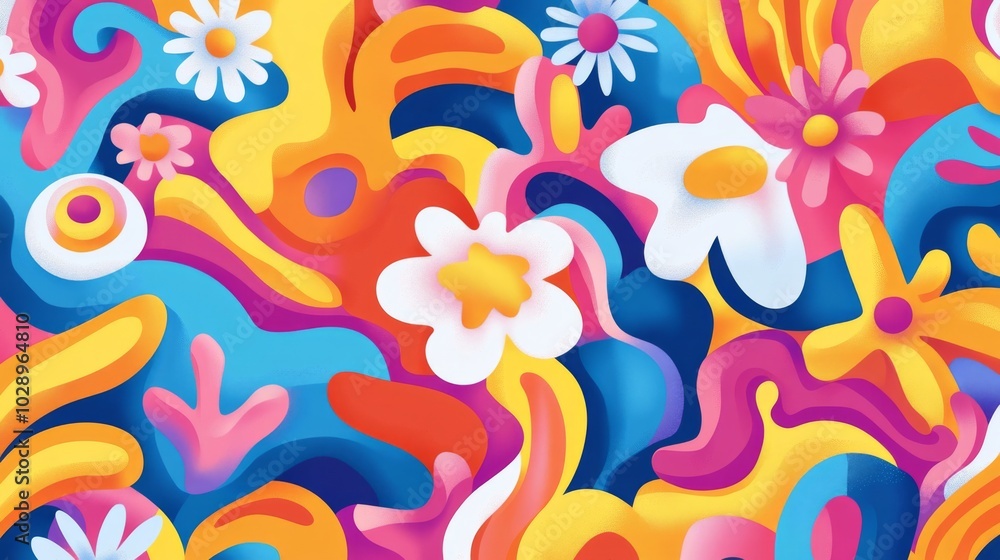 A colorful, abstract painting of flowers and other shapes. The painting is full of bright colors and has a whimsical, playful feel to it A colorful, abstract painting of flowers and other shapes. The painting is full of bright colors and has a whimsical, playful feel to it