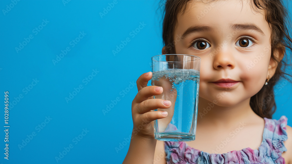 World Water Day, a child holding a glass of water on a blue background World Water Day, a child holding a glass of water on a blue background
