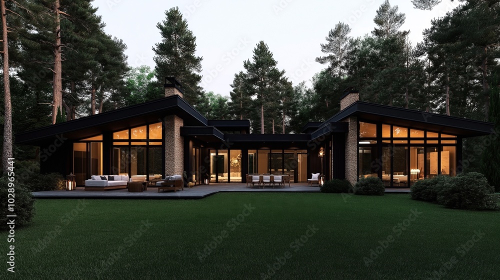 Modern single-story house with illuminated windows, large glass doors, and an expansive outdoor patio set in a forested environment with surrounding trees and greenery. Modern single-story house with illuminated windows, large glass doors, and an expansive outdoor patio set in a forested environment with surrounding trees and greenery.