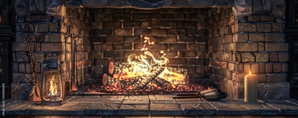 Fototapeta premium Fireplace tools beside the hearth, 4K hyperrealistic photo