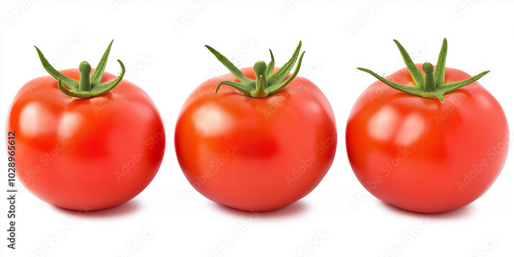 Three ripe red tomatoes with green leaves isolated on white Three ripe red tomatoes with green leaves isolated on white