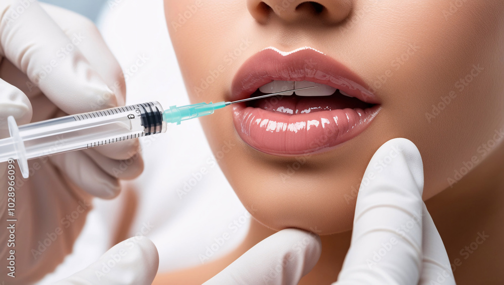 woman specialist making injection in female patient lips, closeup, female face with augmented lips with filler,Injection woman specialist making injection in female patient lips, closeup, female face with augmented lips with filler,Injection