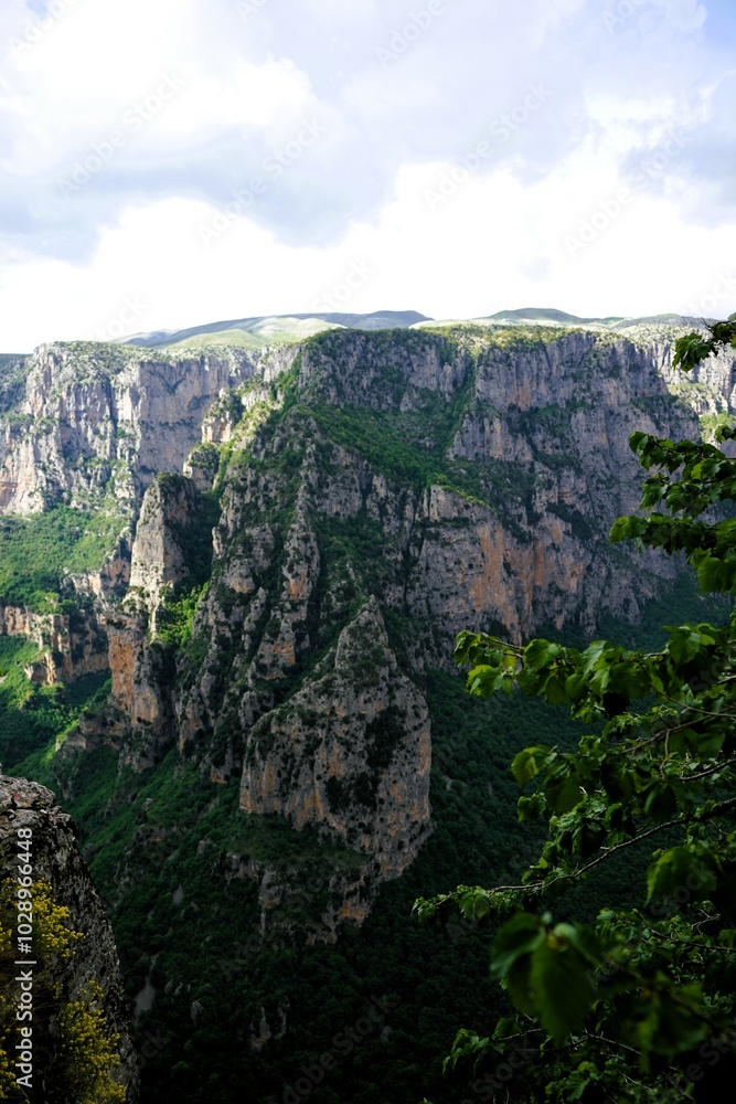 Naklejka premium Panoramic view over the steep and green cliffs of the Vikos Gorge in Epirus, Greece on a summer's day. The gorge in the Pindus Mountains is one of the deepest gorges in the world. Hiking in Greece