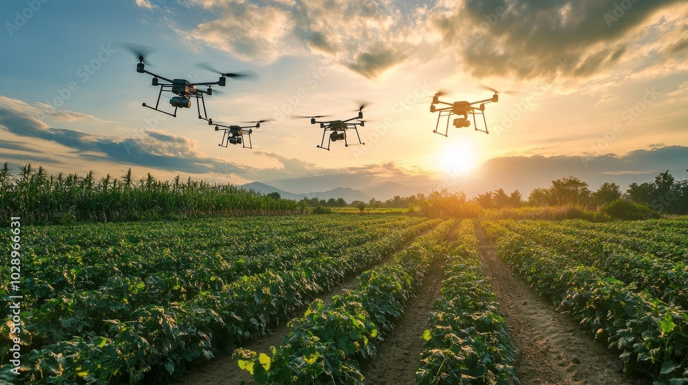 A field monitored by a drone fleet, capturing crop data autonomously as part of a smart farming operation. A field monitored by a drone fleet, capturing crop data autonomously as part of a smart farming operation.