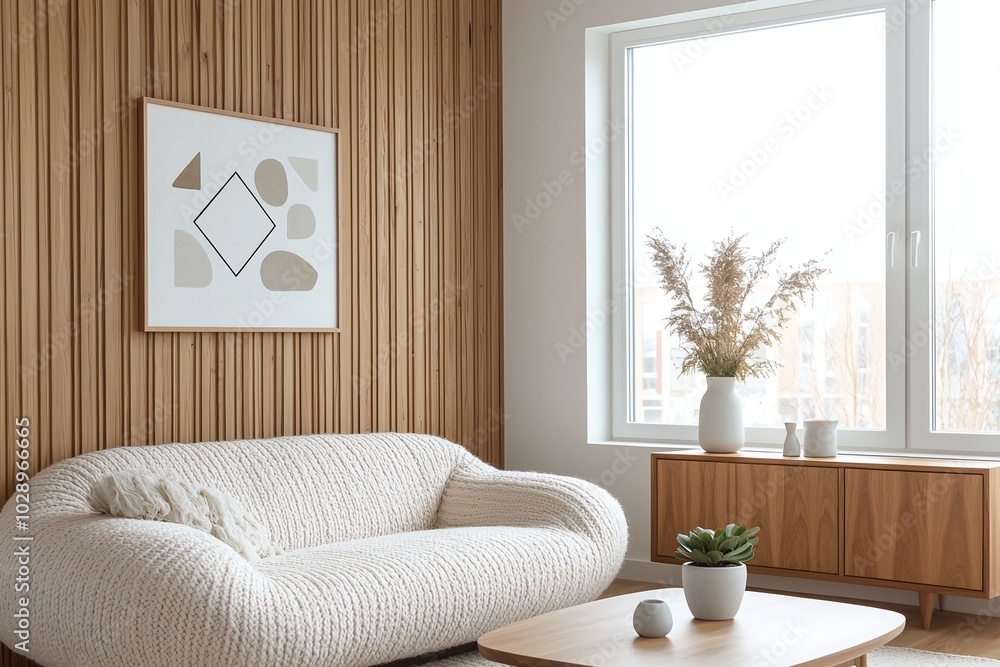 Fototapeta premium Minimalist, modern Scandinavian interiors in living rooms with sofas and wood cabinets. Generative AI 
