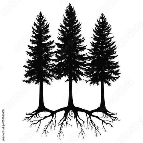 Three Evergreen Trees with Interconnected Roots - Nature Illustration