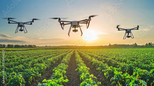 A field monitored by a drone fleet, capturing crop data autonomously as part of a smart farming operation.