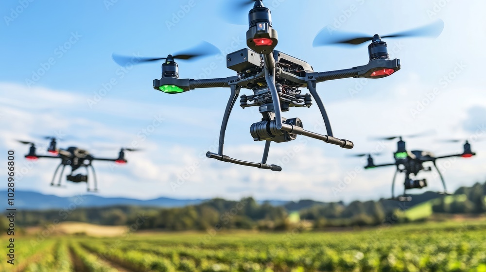 A fleet of drones flying over a farm field, using sensors to gather plant health data, with no human operators in sight. A fleet of drones flying over a farm field, using sensors to gather plant health data, with no human operators in sight.