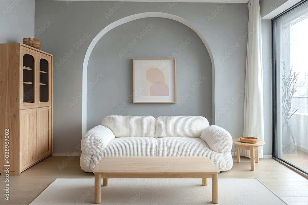 Fototapeta premium Minimalist, modern Scandinavian interiors in living rooms with sofas and wood cabinets. Generative AI 