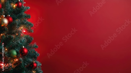 Festive christmas fir tree with colorful ornaments and garland on red background