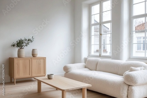 A modern Scandinavian interior in a living room with minimalists, wood cabinets and sofas, and windows. Generative AI