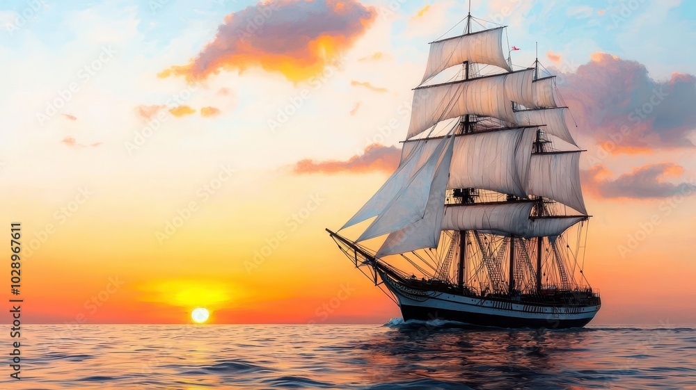 Obraz premium Sailing ship navigating the ocean at sunset, tranquil and majestic scene.