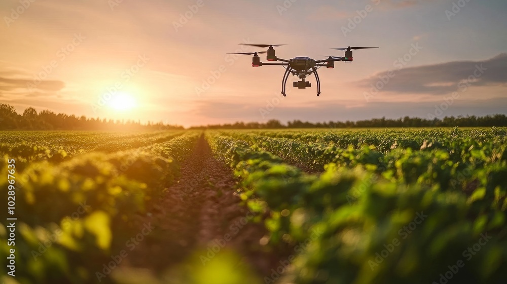 Drones flying low over a farm field, recording plant health data through cameras and sensors with no operators present Drones flying low over a farm field, recording plant health data through cameras and sensors with no operators present