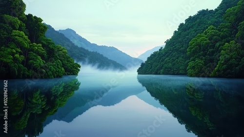 Serene lake reflecting misty mountains surrounded by lush greenery.