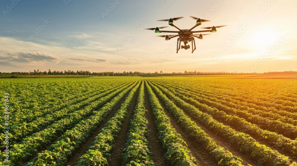 Drones operating above farmland, recording plant health data seamlessly with no human control visible. Drones operating above farmland, recording plant health data seamlessly with no human control visible.