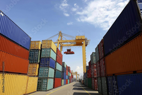 A busy shipping yard with colorful containers stacked for distribution on a sunny day