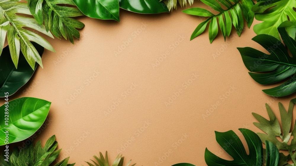 A leafy green border surrounds a brown background. The leaves are arranged in a circle, creating a sense of harmony and balance. The image evokes a feeling of nature and tranquility A leafy green border surrounds a brown background. The leaves are arranged in a circle, creating a sense of harmony and balance. The image evokes a feeling of nature and tranquility