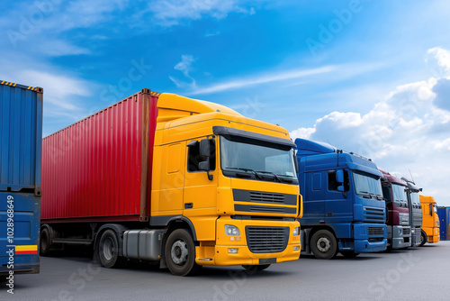 Colorful trucks lined up at a shipping yard under a clear blue sky in midday