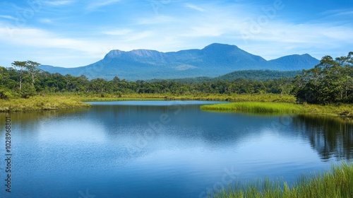 Serene Blue Lake with Scenic Mountain View