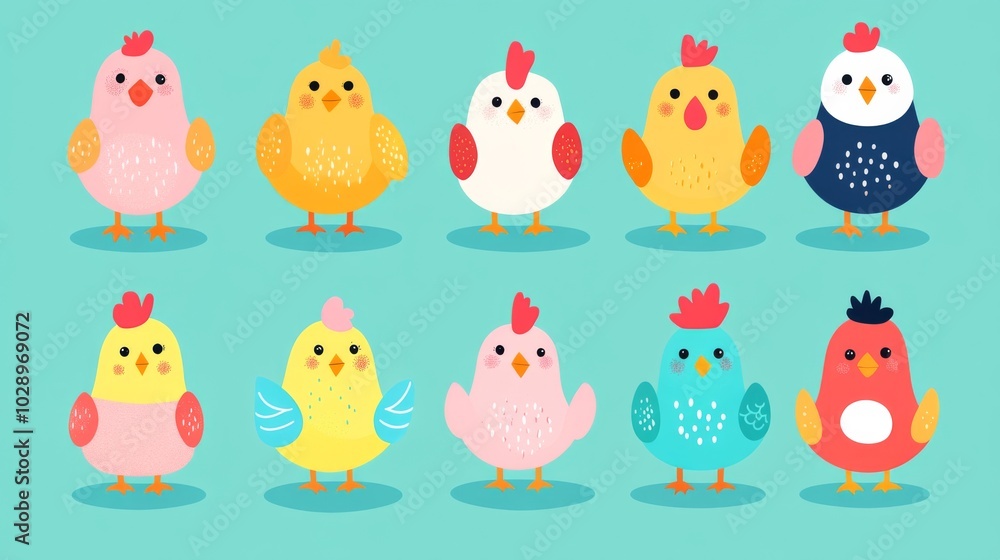 A group of colorful cartoon chickens are standing in a row. The chickens are of different colors and sizes, and they all have different expressions on their faces. Concept of playfulness and whimsy A group of colorful cartoon chickens are standing in a row. The chickens are of different colors and sizes, and they all have different expressions on their faces. Concept of playfulness and whimsy