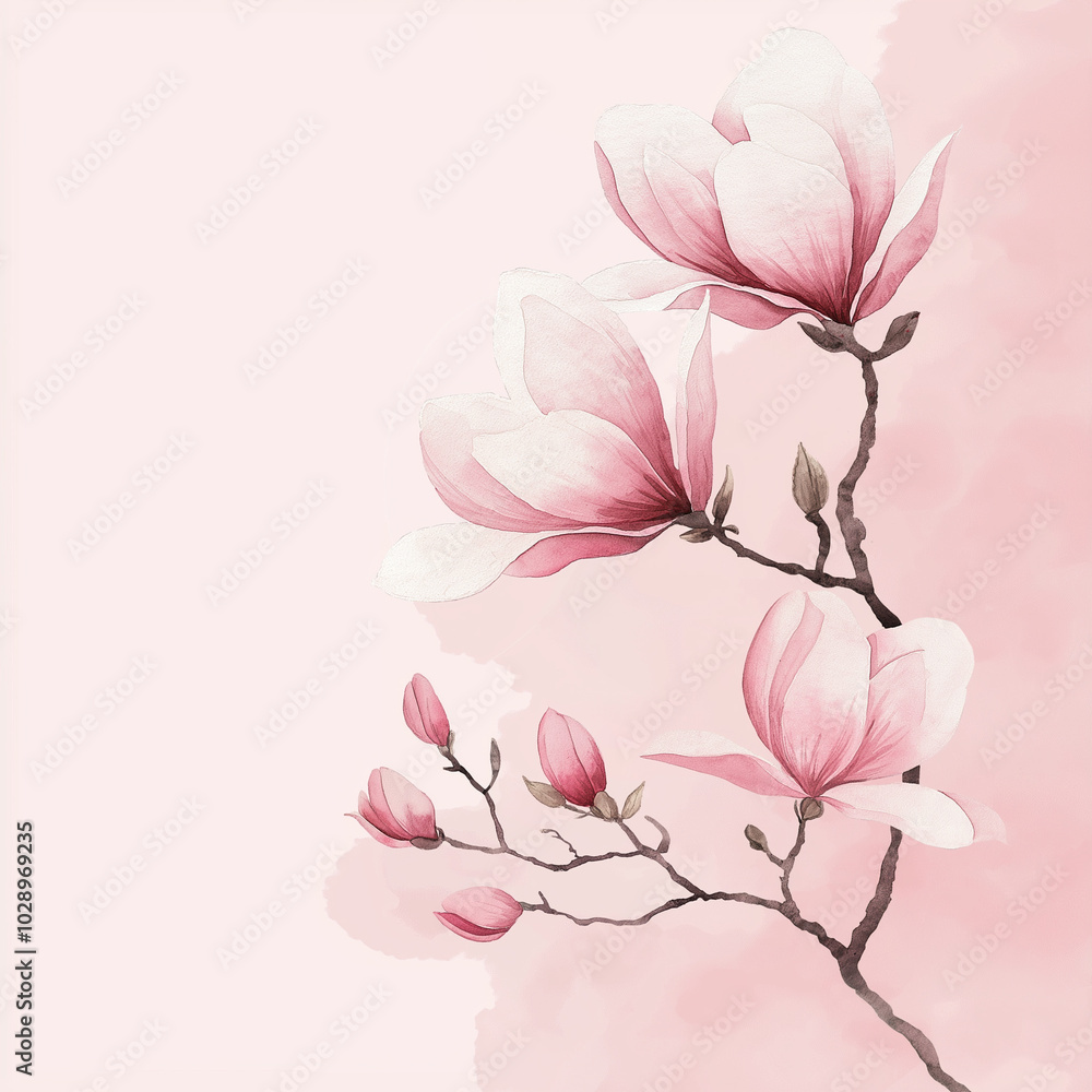 Branch of a pink magnolia on a pink background is painted in watercolor. Branch of a pink magnolia on a pink background is painted in watercolor.