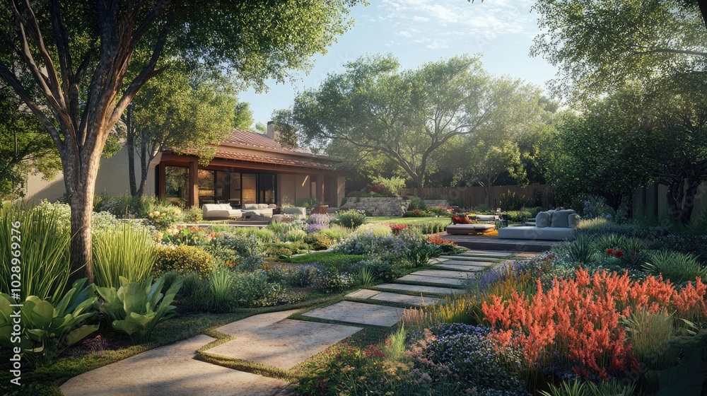 Serene Backyard Garden with Lush Plants and Pathway Serene Backyard Garden with Lush Plants and Pathway