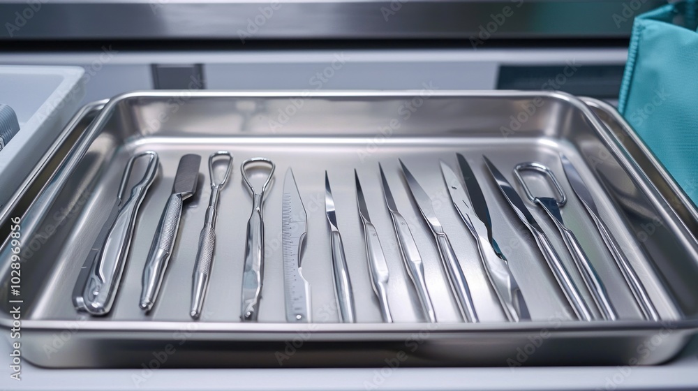 Newly sterilized surgical instruments arranged neatly on a tray. Newly sterilized surgical instruments arranged neatly on a tray.
