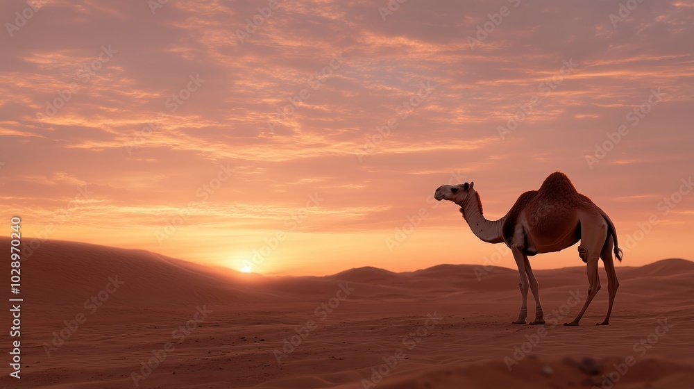 A lone camel stands in the golden desert sands during a stunning sunset in an arid landscape A lone camel stands in the golden desert sands during a stunning sunset in an arid landscape