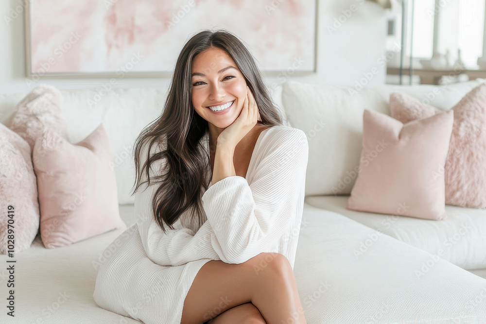 smiling woman in modern living room with modular sofa with soft pink pillows. smiling woman in modern living room with modular sofa with soft pink pillows.