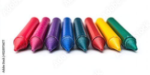 Closeup photo of a wax or oil pastel multicolored crayons in a row isolated on white