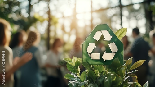 Close-up of a recycling symbol on a plant, with people in the background, highlighting sustainability and eco-friendly living. photo