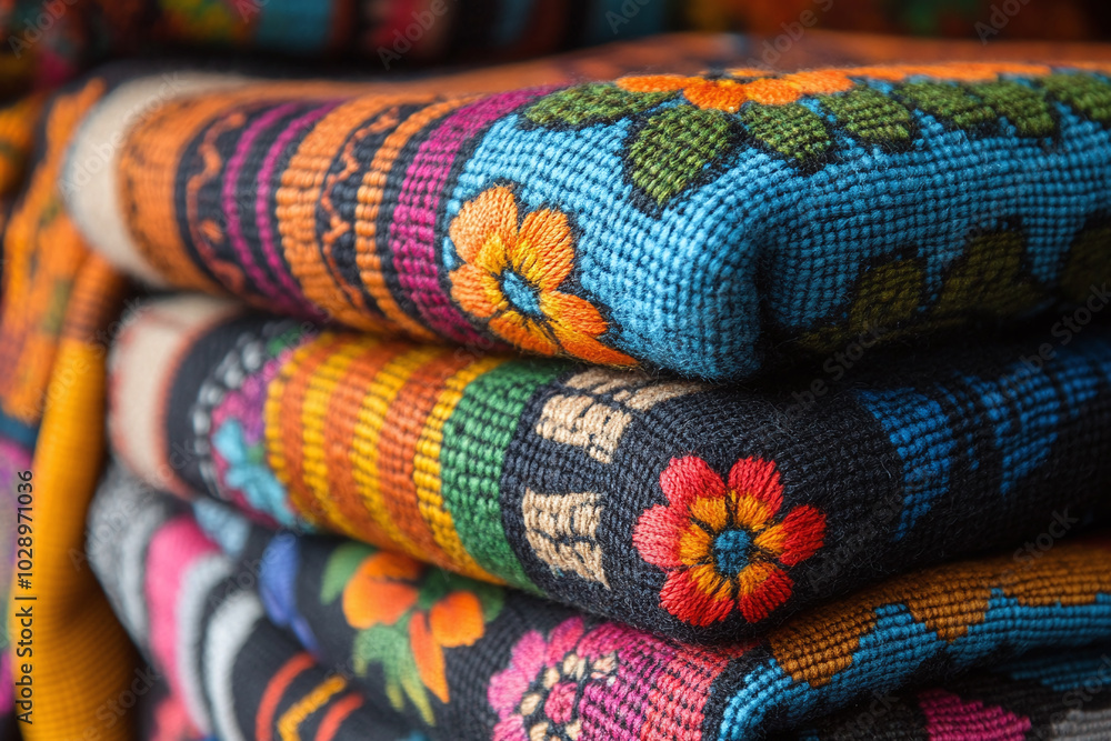 Close-up of Mexican textiles with intricate patterns. Close-up of Mexican textiles with intricate patterns.