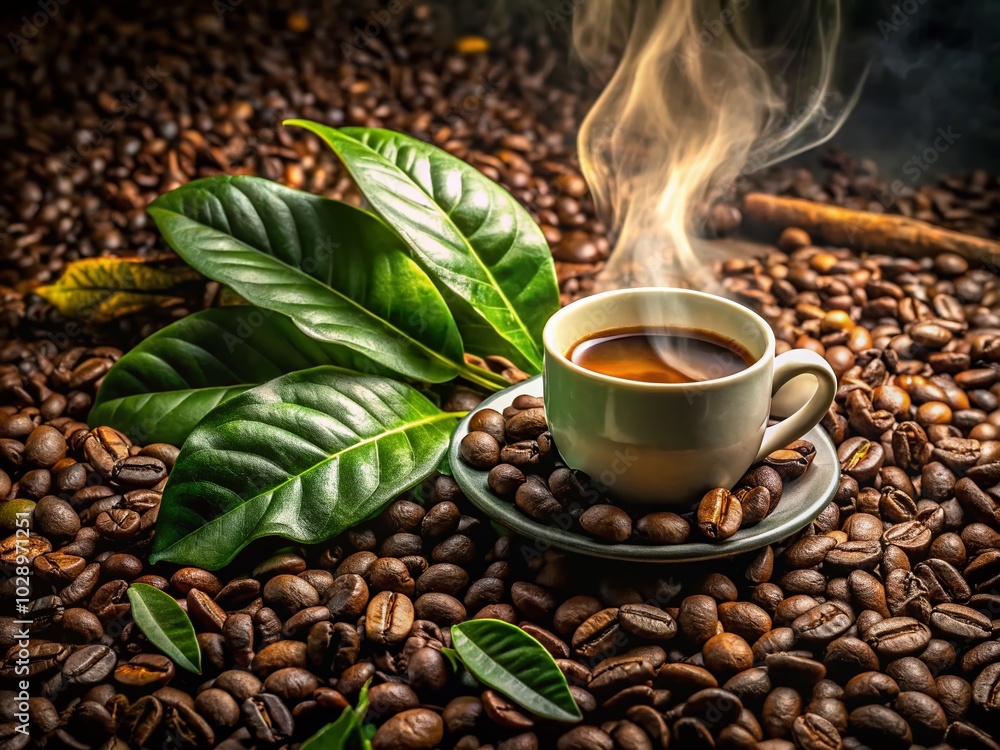 High Dynamic Range Coffee Cup with Coffee Leaves and Beans for a Cozy Morning Vibe High Dynamic Range Coffee Cup with Coffee Leaves and Beans for a Cozy Morning Vibe
