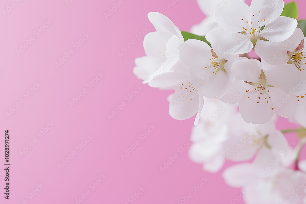 Fototapeta premium Delicate white flowers blooming against a soft pink background in springtime beauty