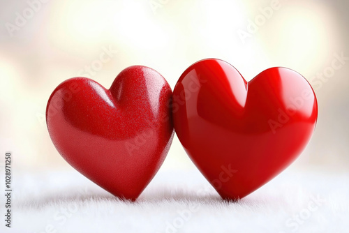 Two glossy red hearts placed closely on a soft surface, symbolizing love and affection