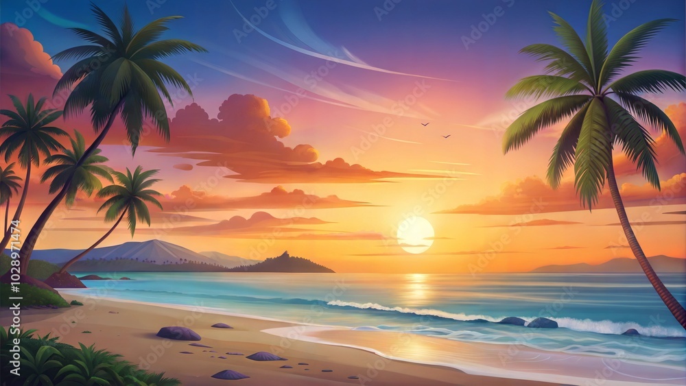 Serene tropical beach at sunset with palm trees Serene tropical beach at sunset with palm trees
