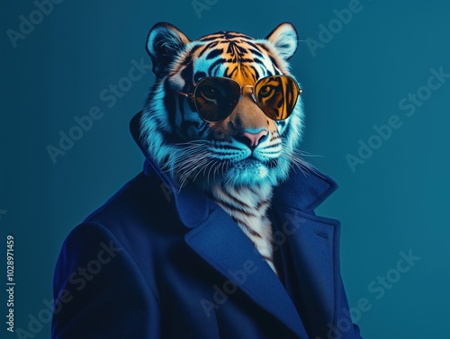 Discover a captivating portrait of a tiger in sunglasses, exuding style and charisma. This vibrant image blends humor and modern fashion, perfect for artistic themes. photo