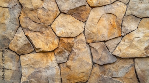 A close-up of a wall made of irregular, brown, and gray stones.