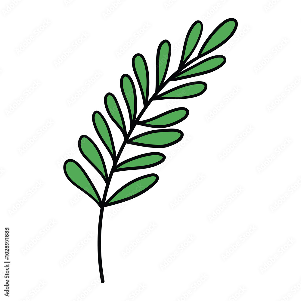 Hand drawn cartoon branch with green leaves on white background. Hand drawn cartoon branch with green leaves on white background.