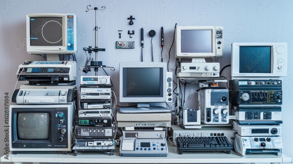 Fototapeta premium A range of healthcare equipment, including monitors and diagnostic tools.