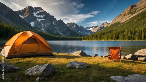 Camping Tend and camping chair on the shore of a lake in the mountains. photo